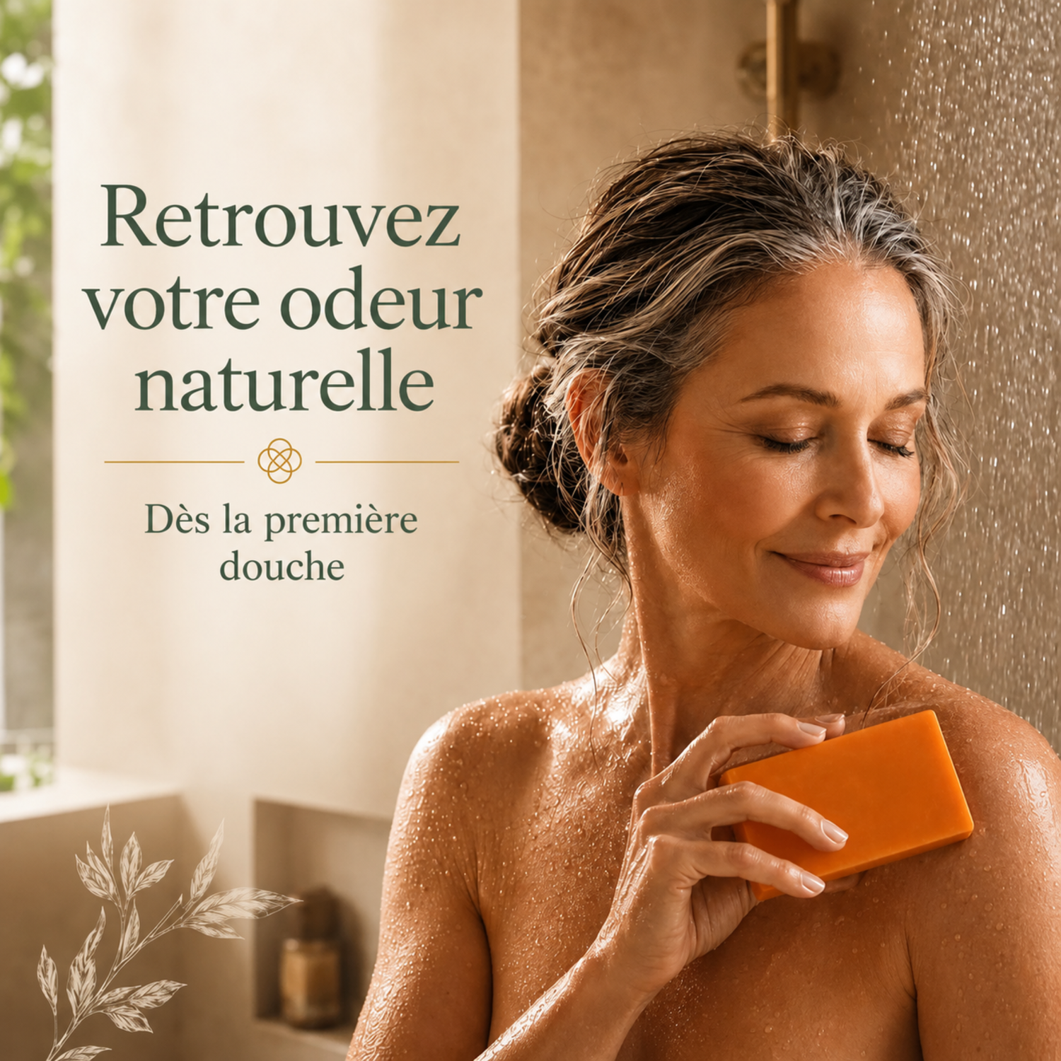 Femme utilisant le savon Kaori au kaki sous la douche, dès la première utilisation