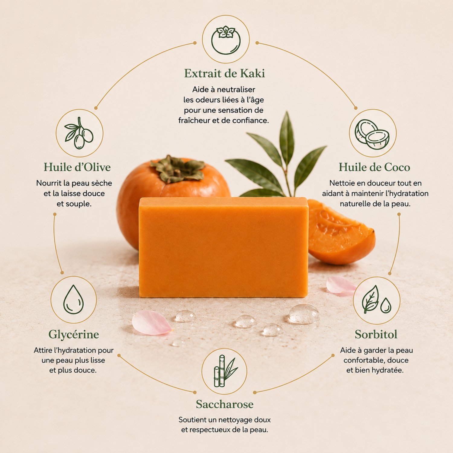 Savon Kaori et ses ingrédients : extrait de kaki, huile d'olive, huile de coco et glycérine