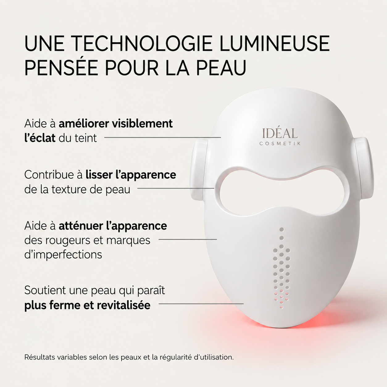 Masque LED Visage 3D AuraSkin — détail de la télécommande et des réglages de luminothérapie